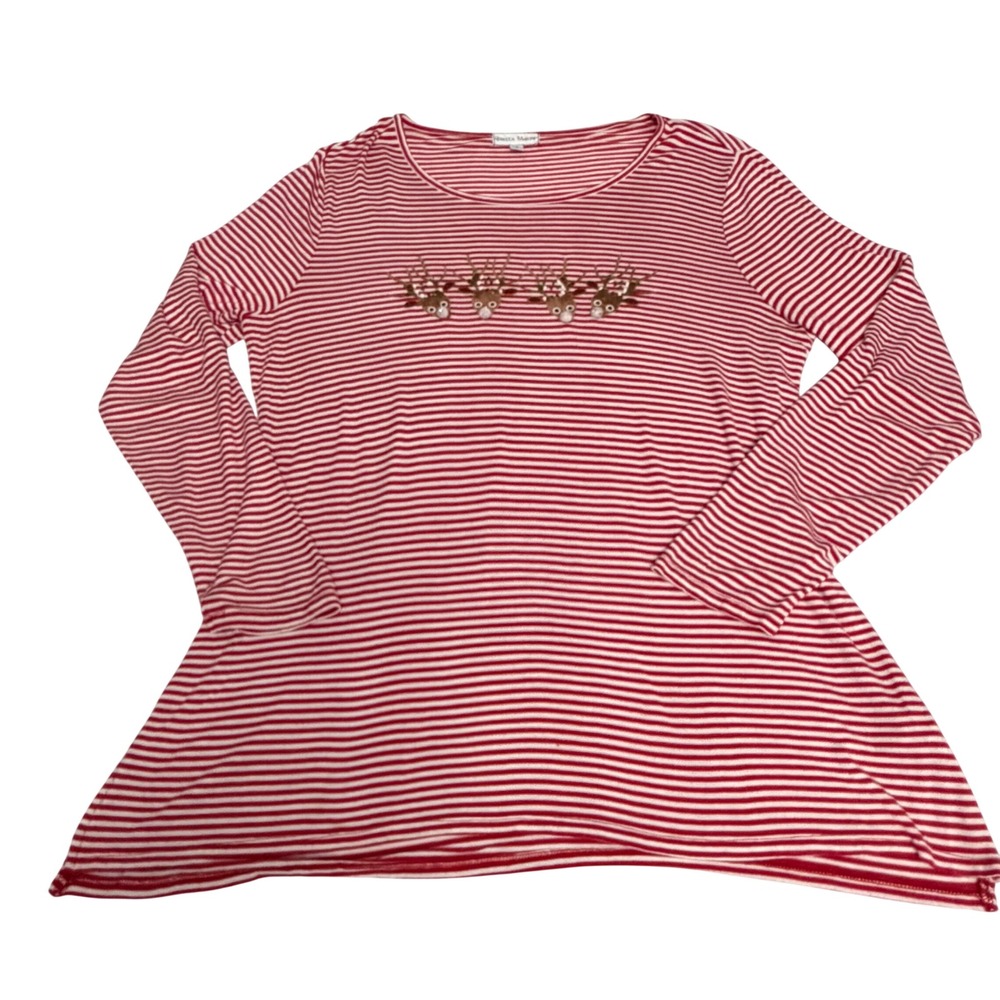 Rebecca Malone XL Red White Striped Reindeer Christmas Tunic Long Sleeve Top